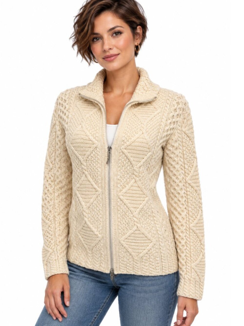 Blarney Aran Originals Cream Wool Cable Knit Zip Cardigan Fisherman M